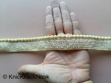 Green / Fuchsia Pink / Beige Velvet Trim With Off White Seed Pearls And Gold Threadwork, Approx. 30mm Wide - 200317L478 / 79 / 80
